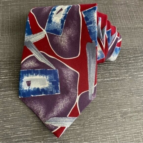 Via Veneto Neck Tie Abstract 100% Silk Art Watercolor Multicolor Red Blue - Picture 1 of 4